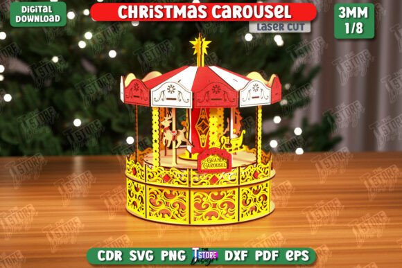3D Christmas Carousel Laser Cut Design Graphics