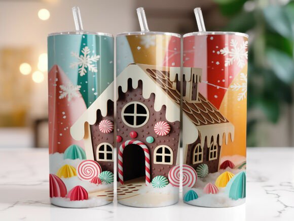 3D Gingerbread House Tumbler Wrap Design Graphics