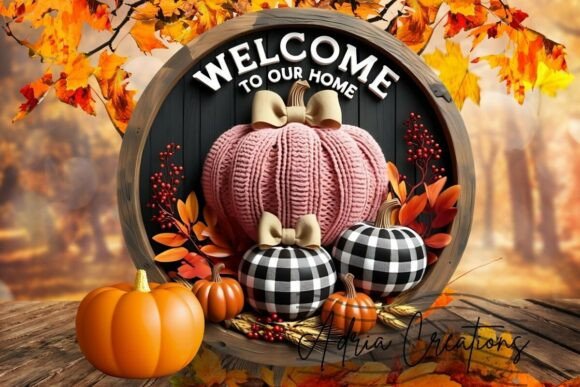 3D Knit Pumpkin Welcome Sign Design Png Graphics and Crafts