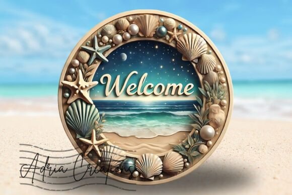 3D Ocean Shells Welcome Sign Design Png Graphics and Crafts