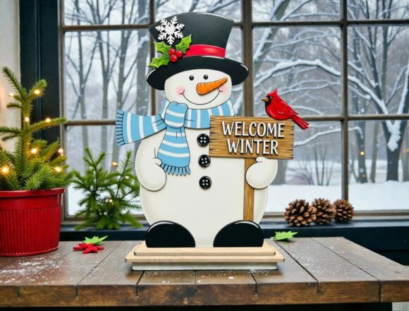 Snowman Welcome Winter 3D Standing Svg for Laser Cutting and Winter Amp